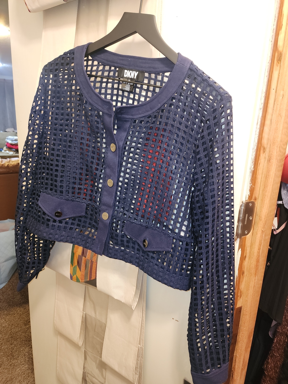 DKNY Navy Open Weave Cropped Jacket